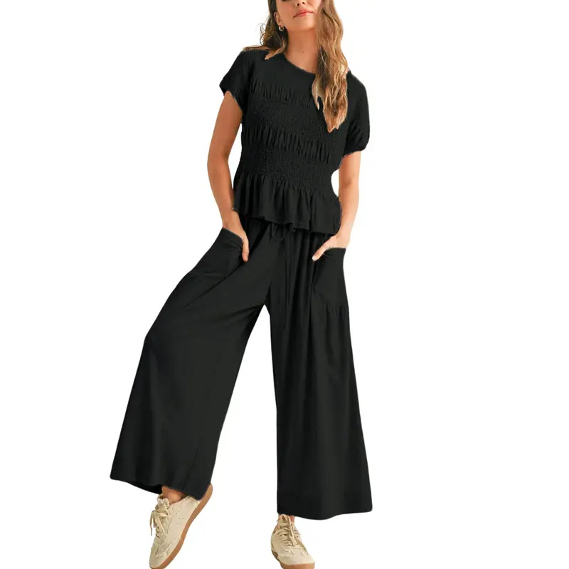 LORRY™ – Casual Boho Inspired 2-Piece Smocked Top and Wide Leg Pants Set