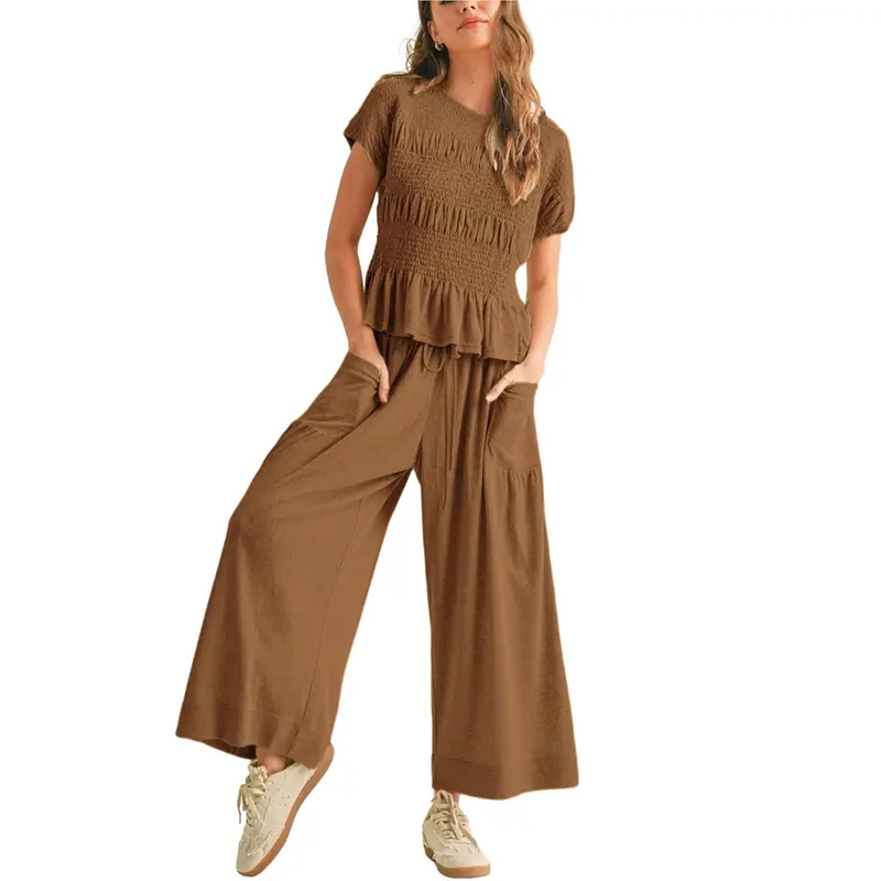 LORRY™ – Casual Boho Inspired 2-Piece Smocked Top and Wide Leg Pants Set