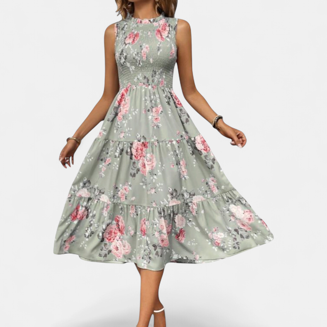 ELOWEN™ – Boho Floral Ruched Midi Dress
