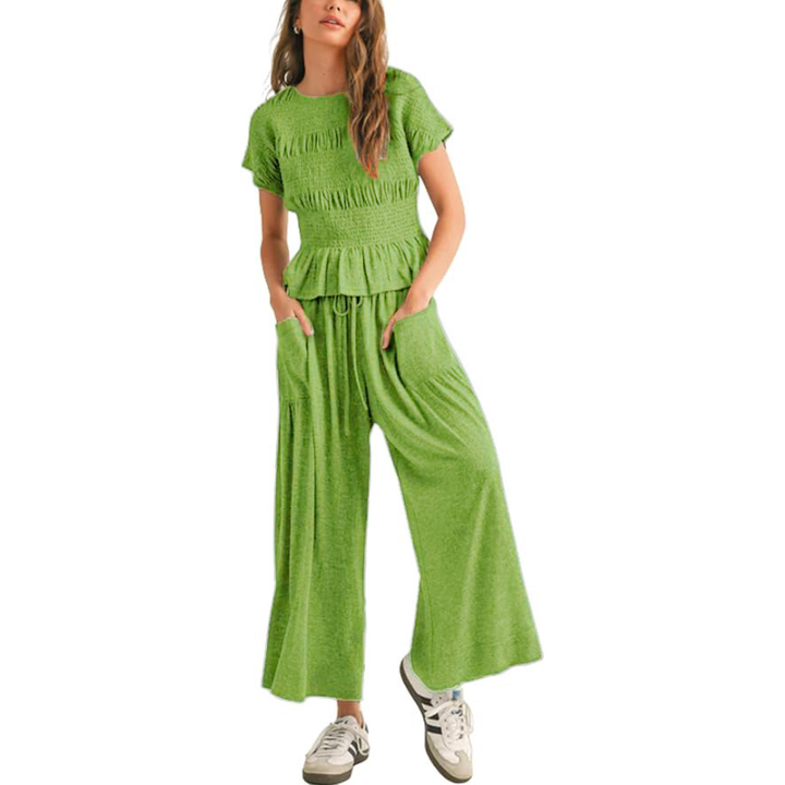 LORRY™ – Casual Boho Inspired 2-Piece Smocked Top and Wide Leg Pants Set