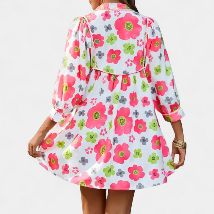 FENELLA™ – Boho Floral Tie-Front Babydoll Dress