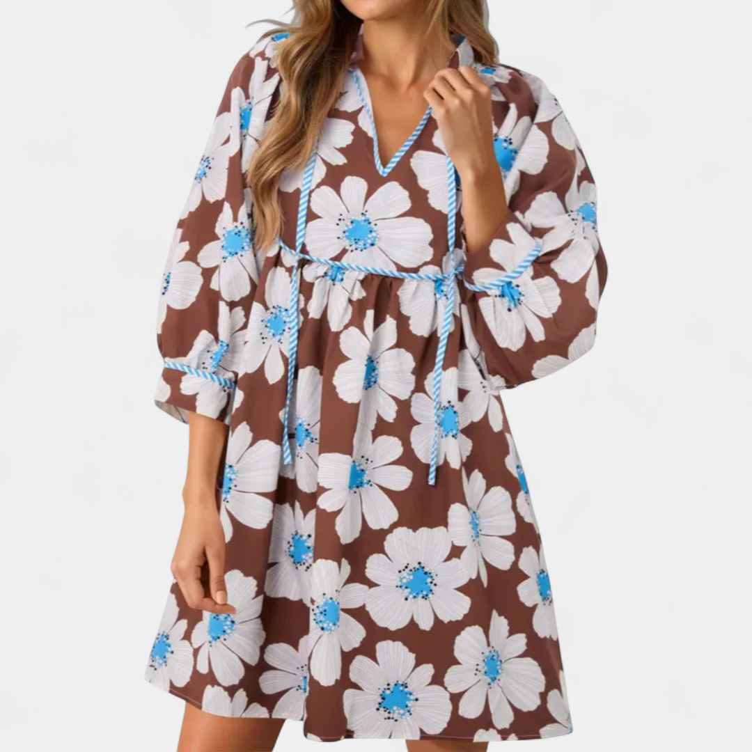 FENELLA™ – Boho Floral Tie-Front Babydoll Dress