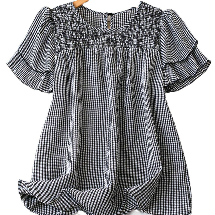 KRISTEL™ – Vintage Flowy Checkered Puff Sleeve Blouse