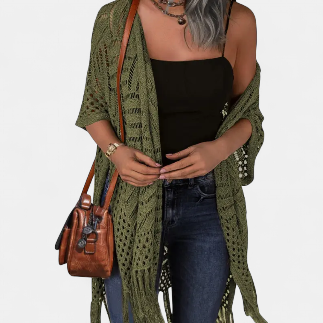 SOLÈNE™ – Boho Crochet Tassel Kimono Cardigan