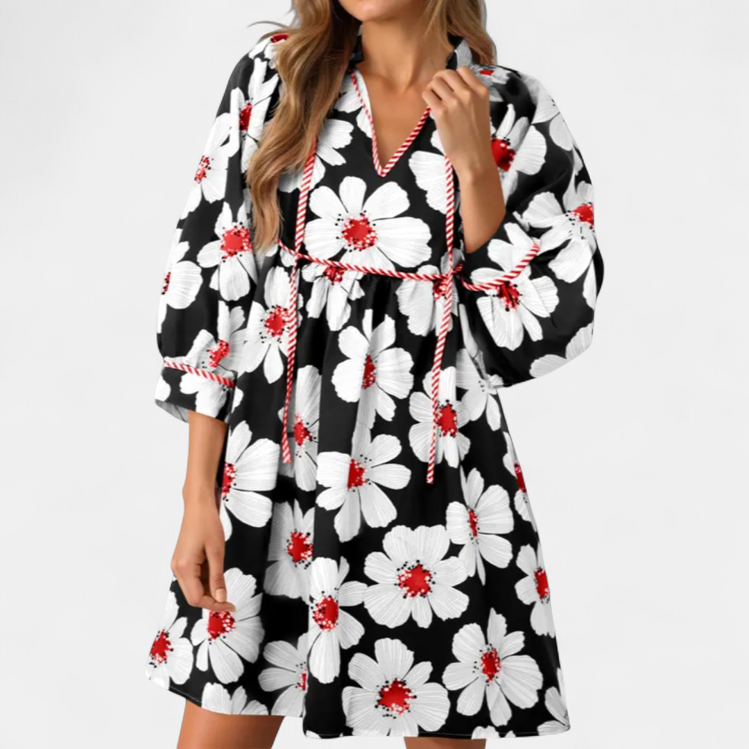 FENELLA™ – Boho Floral Tie-Front Babydoll Dress