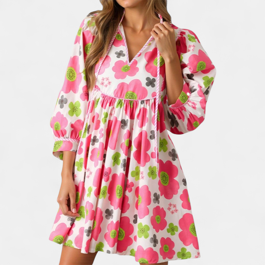FENELLA™ – Boho Floral Tie-Front Babydoll Dress