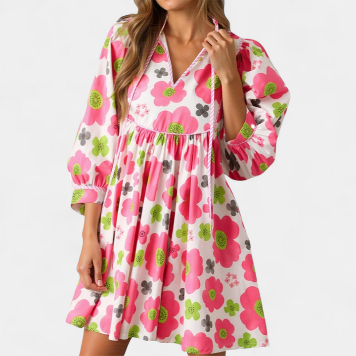 FENELLA™ – Boho Floral Tie-Front Babydoll Dress