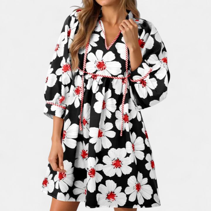 FENELLA™ – Boho Floral Tie-Front Babydoll Dress