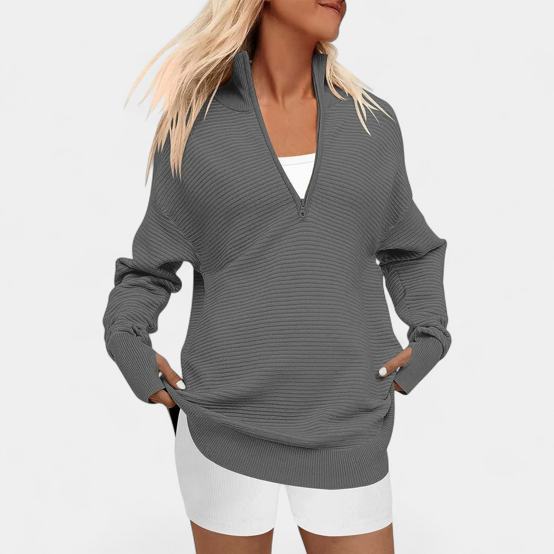 ENNA™ - Women Quarter Zip Rib Knit Pullover Sweater