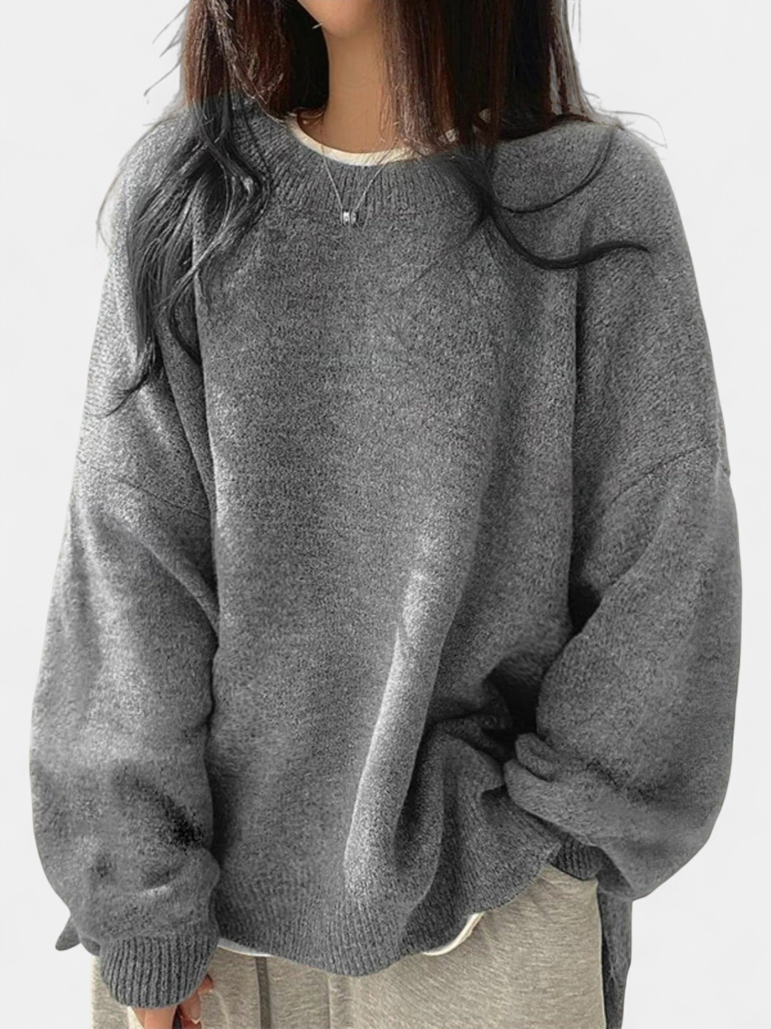 KIARA™ - Women's Drop Shoulder Split Hem Round Neck Sweater