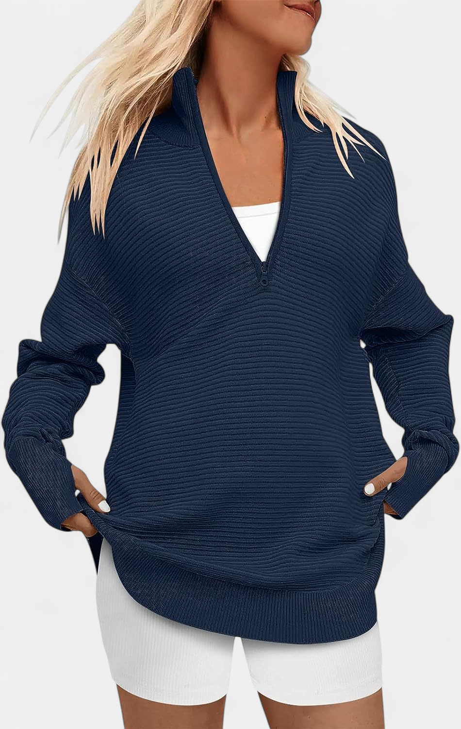ENNA™ - Women Quarter Zip Rib Knit Pullover Sweater