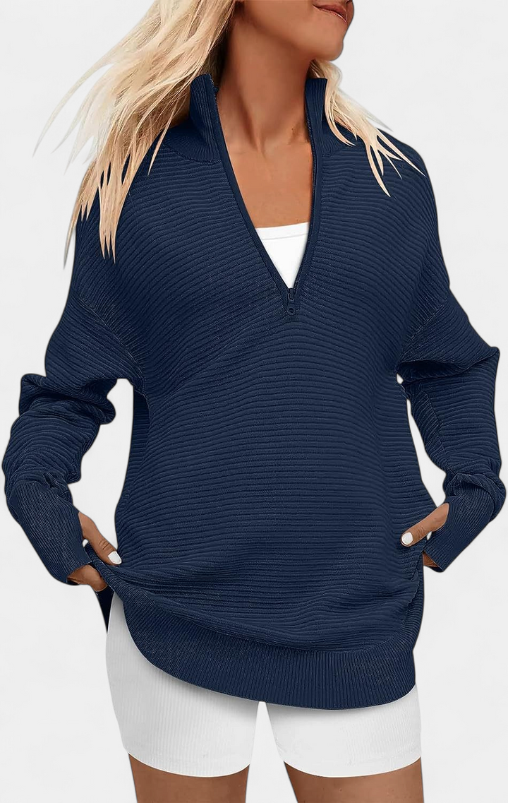 ENNA™ - Women Quarter Zip Rib Knit Pullover Sweater