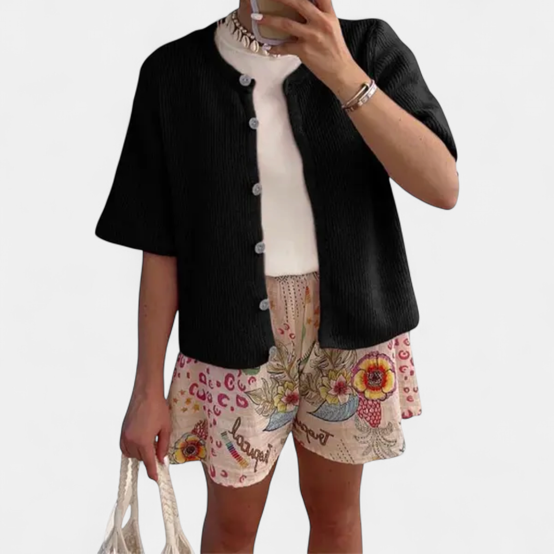 JOSIE™ – Soft Ribbed Button-Down Short Sleeve Cardigan