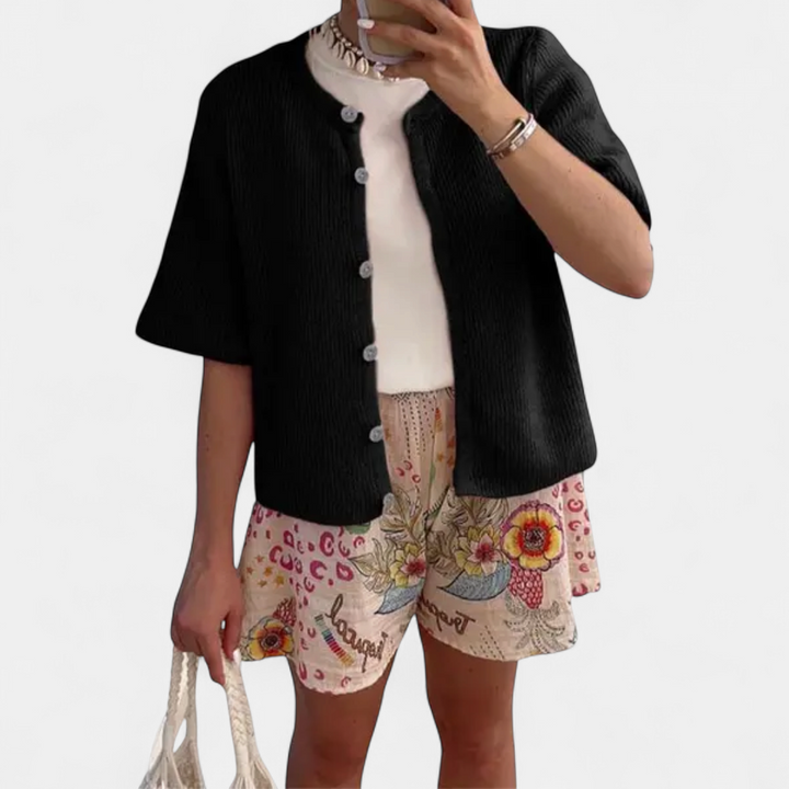 JOSIE™ – Soft Ribbed Button-Down Short Sleeve Cardigan