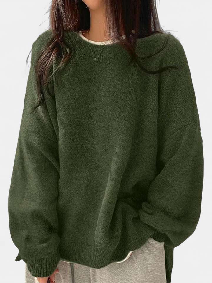 KIARA™ - Women's Drop Shoulder Split Hem Round Neck Sweater