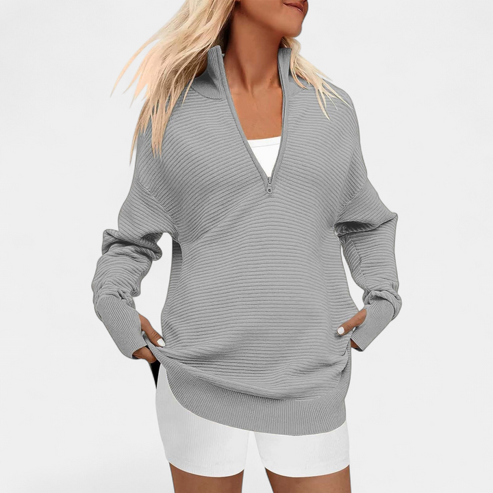 ENNA™ - Women Quarter Zip Rib Knit Pullover Sweater