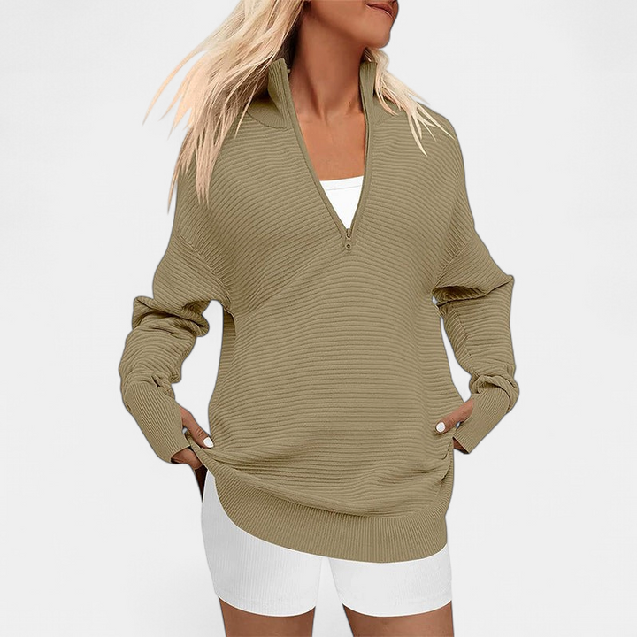 ENNA™ - Women Quarter Zip Rib Knit Pullover Sweater