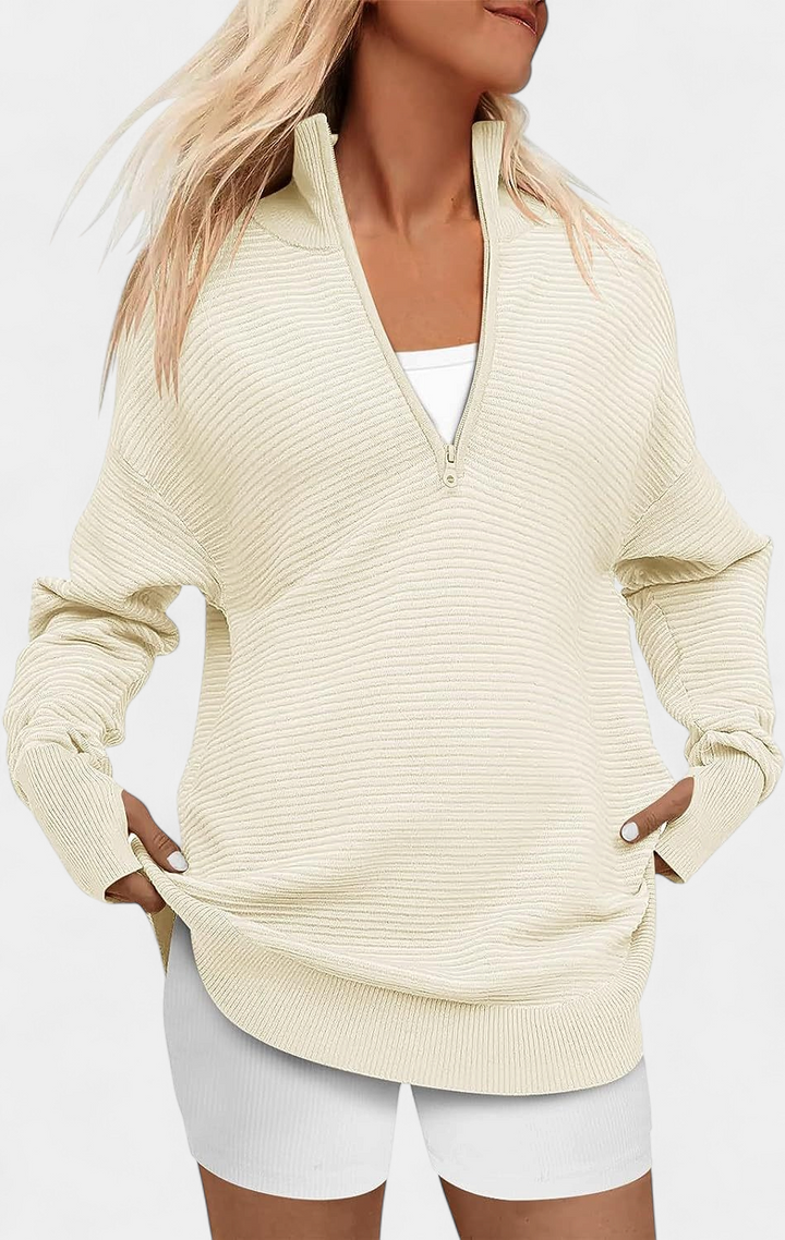 ENNA™ - Women Quarter Zip Rib Knit Pullover Sweater