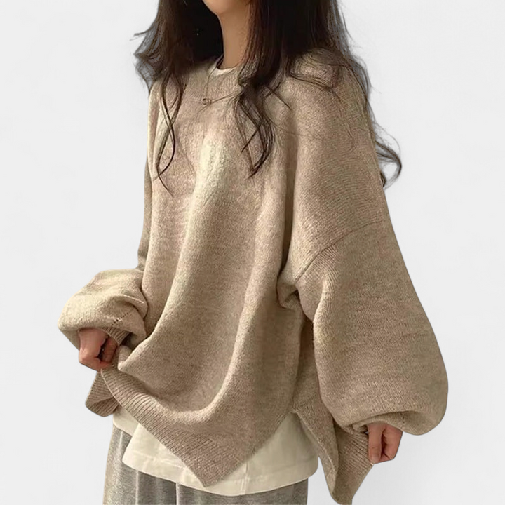 KIARA™ - Women's Drop Shoulder Split Hem Round Neck Sweater