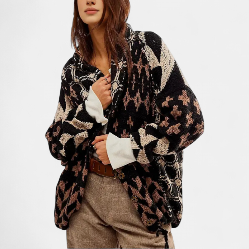 GEORGINA™ – Oversized Print Knit Coat with Button Down Collar