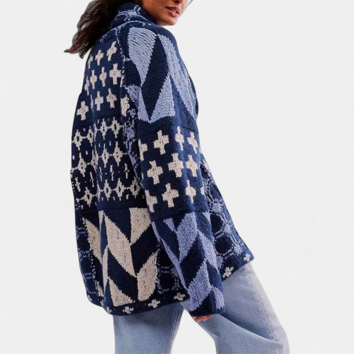 GEORGINA™ – Oversized Print Knit Coat with Button Down Collar