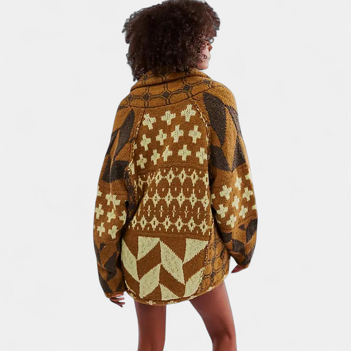 GEORGINA™ – Oversized Print Knit Coat with Button Down Collar