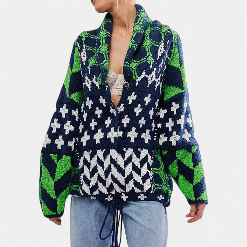 GEORGINA™ – Oversized Print Knit Coat with Button Down Collar