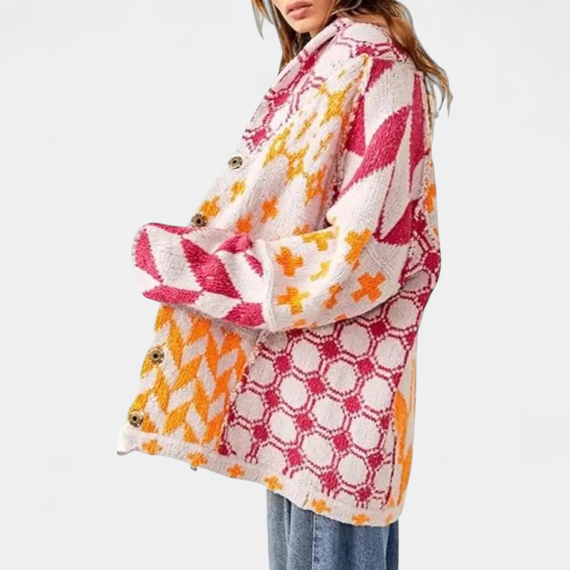 GEORGINA™ – Oversized Print Knit Coat with Button Down Collar