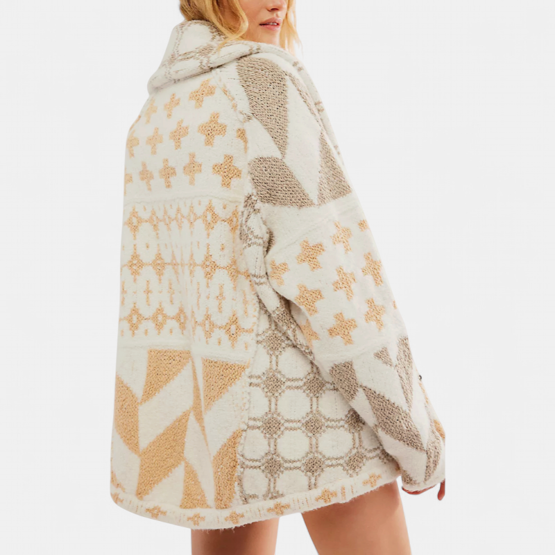 GEORGINA™ – Oversized Print Knit Coat with Button Down Collar