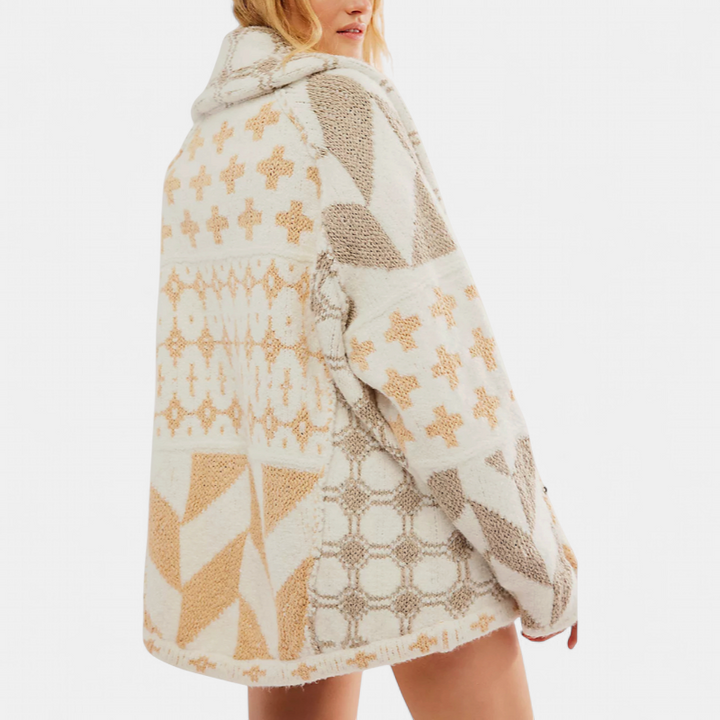 GEORGINA™ – Oversized Print Knit Coat with Button Down Collar